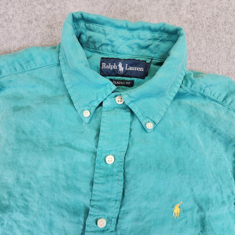 Ralph Lauren Linen Silk Shirt Mens Small Short Sleeve Classic Fit Teal Turquoise